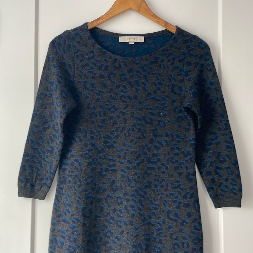 LOFT Sweater Dress Animal Print Small Petite - Blue Grey